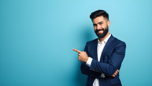 Happy young smiling professional business man wearing white shirt looking at camera pointing finger away at copy space showing aside presenting advertising offer standing isolated at light blue backgr