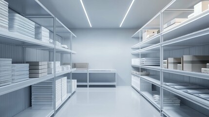 Obraz premium Bright and Minimalist Storage Room with Metal Shelves and Goods