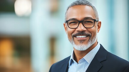 Fototapeta premium Smiling Middle-Aged Man in Business Attire Poses Outdoors During a Sunny Day in a Modern City Setting