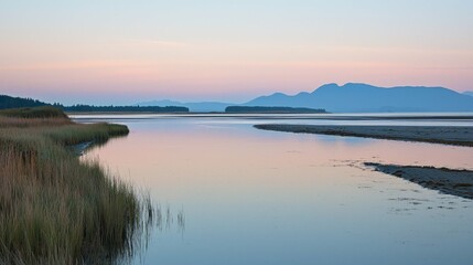 Serene Landscape of Calm Waters and Mountains at Dusk