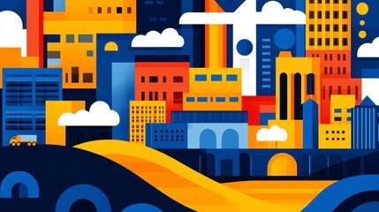 Obraz premium Geometric Cityscape Illustration with Skyscrapers and Blue Orange Hues