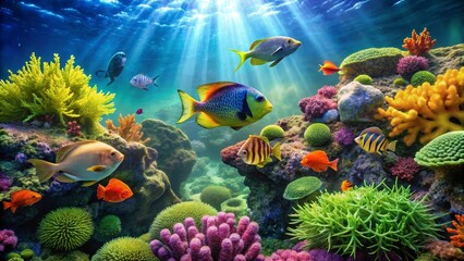 Vibrant Underwater Scene Showcasing a Thriving Coral Reef Ecosystem with Diverse Fish Species Swimming Amongst Colorful Coral Formations and Lush Marine Flora