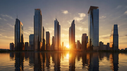 Fantustic Ultra-Realistic Modern Cityscape with Glass Skyscrapers at Sunset