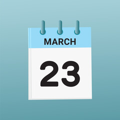 23th March daily calendar icon template. March 23 day calendar design. Single day calendar in vector illustration flat style.