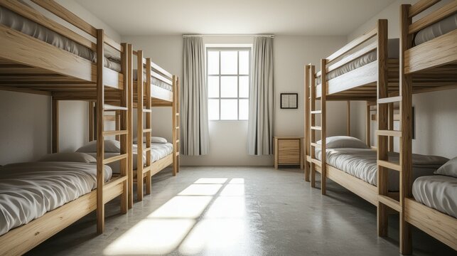 Cozy and Bright Room with Wooden Bunk Beds and Natural Light