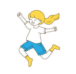 A woman who jumps with her hands up.