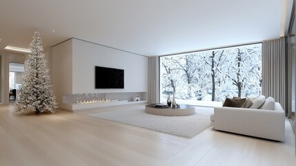 Modern living room with snowy view, Christmas tree, cozy atmosphere, interior design, relaxation