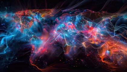 World night view futuristic international telecommunication network, concept about global connection and information, background with colourful dynamic gradient line flows connecting between countries