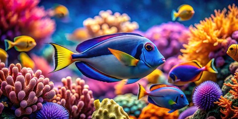 Obraz premium Retro aquarium image: dazzling surgeonfish swim among a breathtaking coral reef's vivid hues.