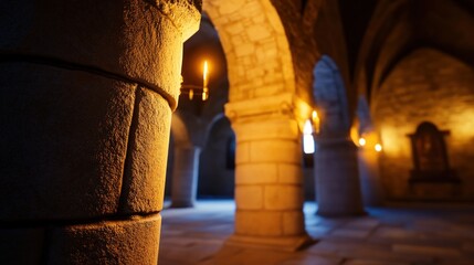 Stone Column, Medieval Hall, Candlelight, Arches, History