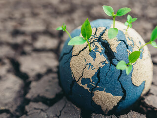 cracked globe with green leaves sprouting symbolizes environmental renewal