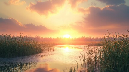 Obraz premium Tranquil Sunset Over Calm Water with Lush Grass and Soft Clouds