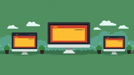 Responsive Web Design in a Serene Landscape: Three Screens Displaying Adaptable Website Layout on a Peaceful Background