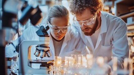 A focused collaboration between a young Caucasian male scientist and a middle-aged Caucasian female scientist as they examine samples through a microscope in a modern laboratory setting.