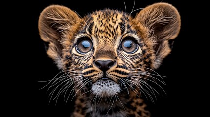 Obraz premium Adorable Leopard Cub Portrait, Dark Background, Wildlife Photography, Zoo