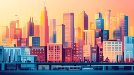 Vibrant city skyline at sunset with modern design.