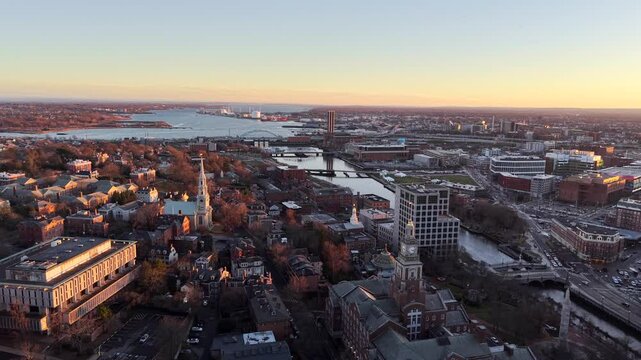 Drone video of the Providence River in Providence, Rhode Island at sunset. Aerial view from above College Hill looking towards South Providence and Fox Point.