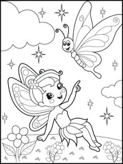 Black and white fairy coloring pages for kids. Children's coloring books with cute cartoon fairy characters, fun and educational materials for kindergarten.
