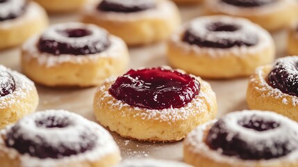 Freshly Baked Thumbprint Cookies with Jam and Powdered Sugar