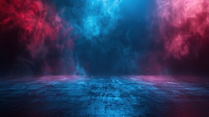 A city street with a blue and purple haze in the air