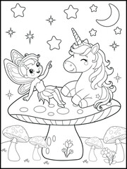 Black and white fairy coloring pages for kids. Children's coloring books with cute cartoon fairy and unicorn characters, fun and educational materials for kindergarten.
