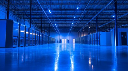 Fototapeta premium High-Tech Data Center Interior with Blue Lighting and Reflection