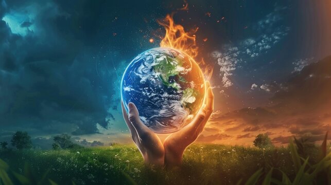 A hand holding a globe with fire on it