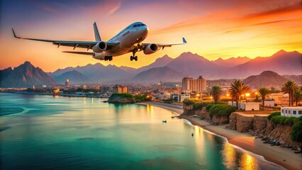 Stunning aerial shot:  Airliner ascends over Sharm el Sheikh's Red Sea resort at sunrise, painting a vivid landscape.