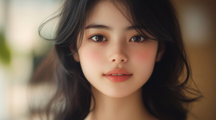 Naklejka premium young woman with long, flowing hair and soft features, gazing thoughtfully.