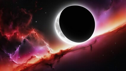 Obraz premium A dramatic celestial scene featuring a large, dark eclipse against a vibrant, swirling nebula.