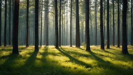 Obraz premium sunlight shining through the trees in a forest with tall grass