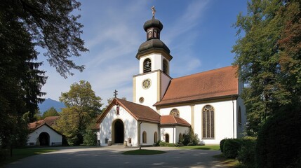 Fototapeta premium A serene church surrounded by trees, showcasing architectural beauty and tranquility.
