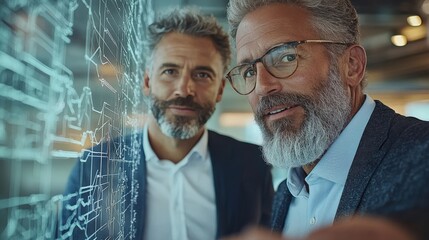 Two Middle-Aged Caucasian Men Collaborating on a Digital Project in a Modern Office Environment, Engaged in Discussion with Technical Diagrams