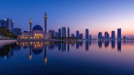 Fototapeta premium A serene cityscape at dusk featuring a mosque and modern skyline reflected in water.