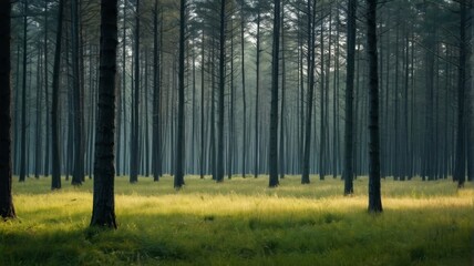 Fototapeta premium trees in a forest with a green grass field and a blue sky
