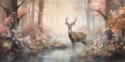 Buck in Autumn Forest, standing beside creek. Background leaves color change. For travel, hunting blog