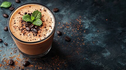 drinks smoothie artisanal concept. Rich chocolate coffee drink garnished with mint leaves on a dark textured background.