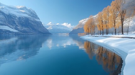 Obraz premium Winter lake, snow, mountains, reflections, serene