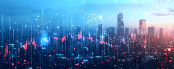 Fototapeta premium Cityscape, financial graphs, sunset