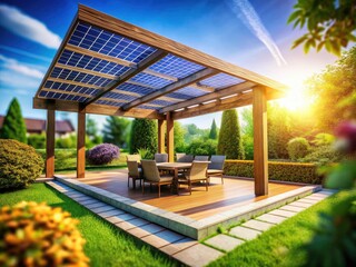 Tilt-shift captures sustainable design: Solar pergola provides shade and clean energy.
