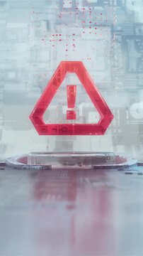 Warning Sign: 3D Holographic Triangle with Red Exclamation Mark in a Futuristic Tech Environment