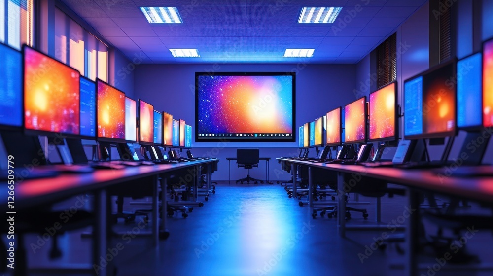 Poster a modern computer lab with multiple monitors displaying vibrant screens, illuminated in a cool blue 