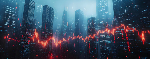 Fototapeta premium Cityscape, market decline, foggy night, finance