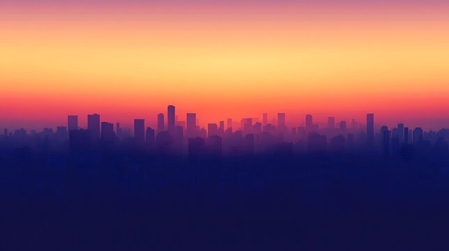A stunning city skyline at sunset, featuring silhouettes of buildings against a vibrant gradient sky, showcasing the transition from day to night in an urban environment.