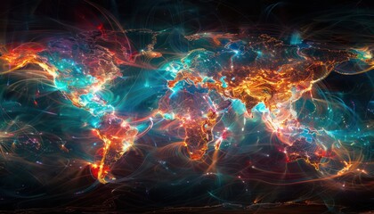 World night view futuristic international telecommunication network, concept about global connection and information, background with colourful dynamic gradient line flows connecting between countries