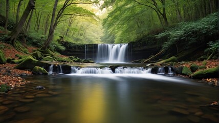 there is a waterfall in the middle of a forest with rocks and trees