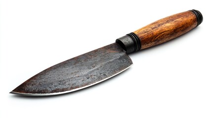 Rustic kitchen knife, wooden handle, isolated on white background