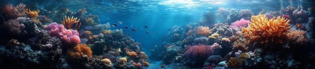 Fototapeta premium Underwater coral reef with colorful marine life and clear blue water. Generative AI