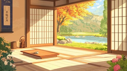 Tranquil Japanese Interior with Scenic Autumn View and Natural Light