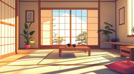 Serene Interior of Japanese-Inspired Room with Natural Light